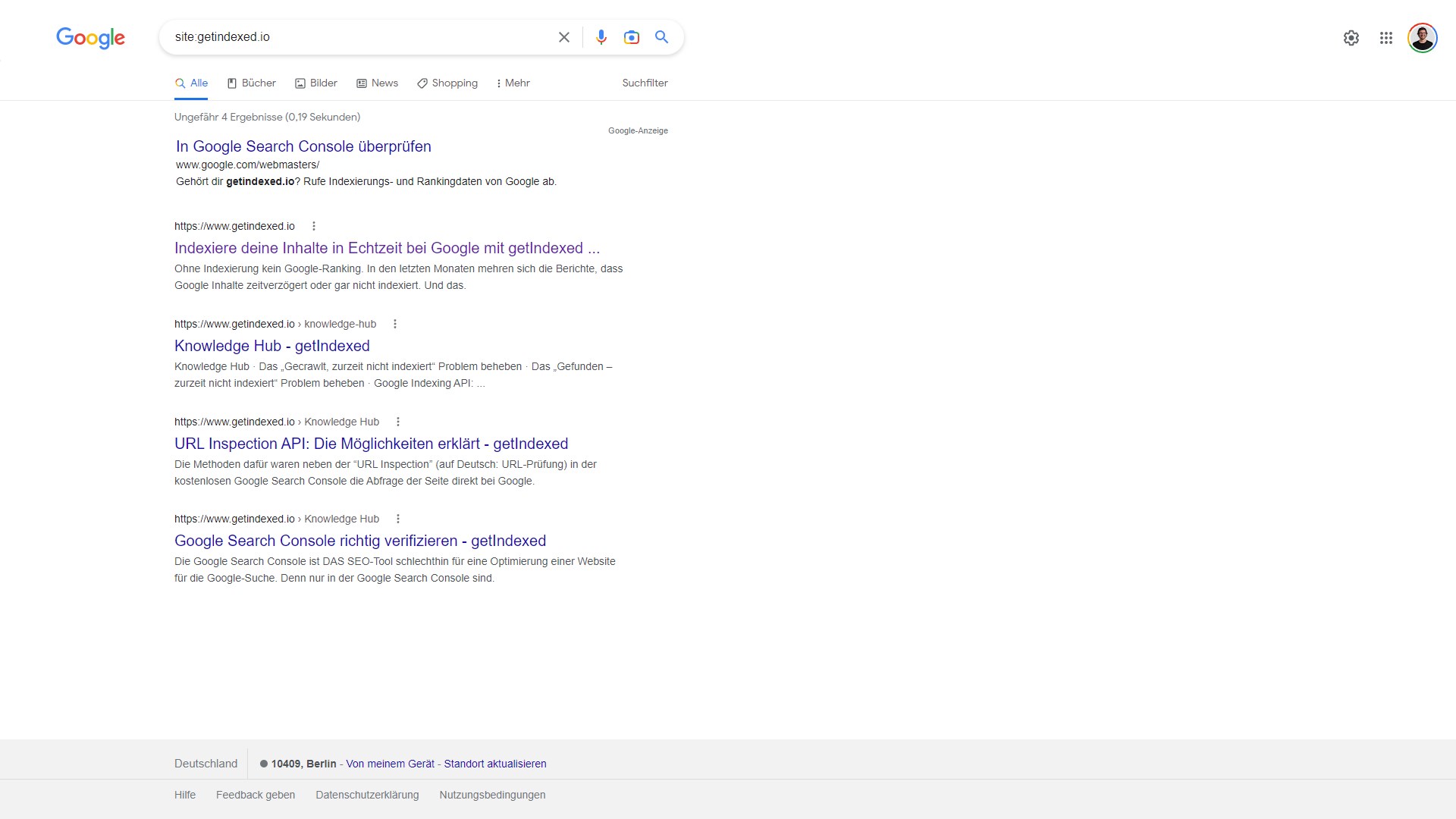 Mit dem site: Suchoperator lässt sich die Indexierung prüfen
